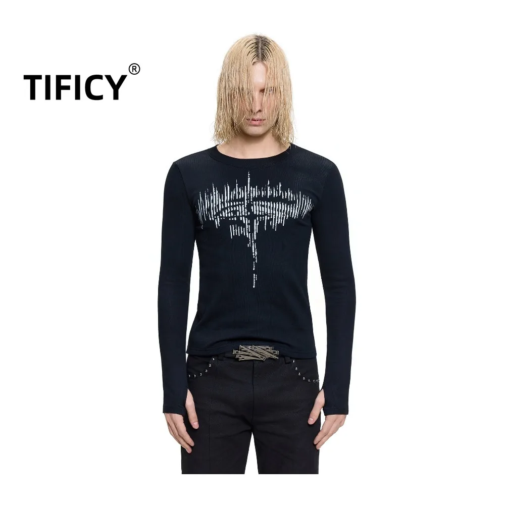 High Street T-shirts Women's Long Sleeved Knitted Base T-shirt Elastic Slim Fit Printed Streetwear Fashion Top