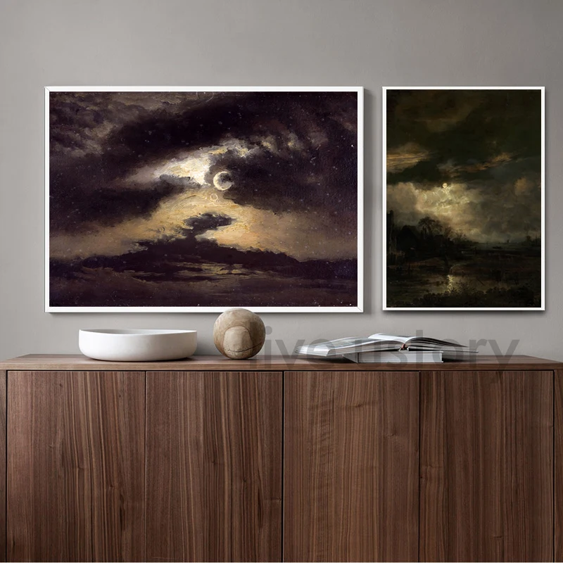 Full Moon Spooky Gothic Wall Art Canvas Print Halloween Home Decoration Vintage Haunted House Painting Moody Wall Pictures