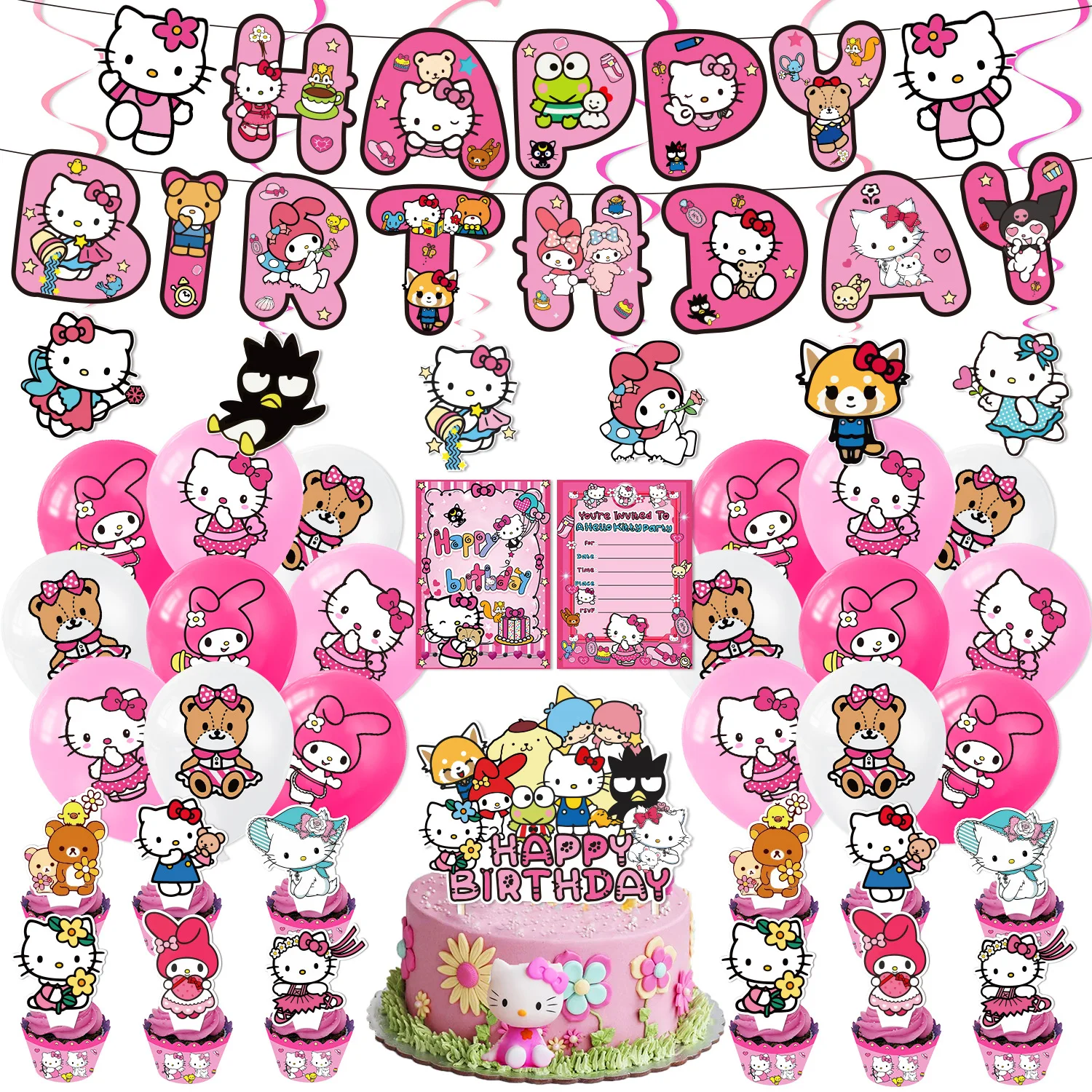 Hello Kitty Birthday Party Decoration Balloon Cake Flag Insertion Disposable tableware Sanrio Birthday Party Decorations