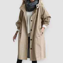 Spring Autumn Windproof Lady Female Casual  Medium Long Windbreaker Korean Solid Long Sleeve Pocket Turn-down Collar Trench