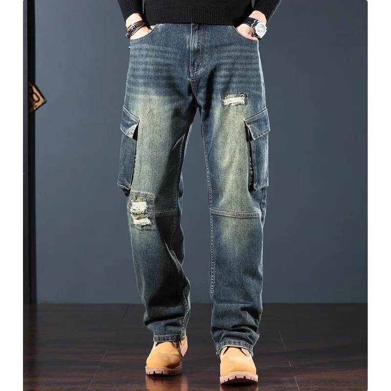 

Модные джинсы-карго, мужские повседневные джинсовые брюки, джинсовые брюки, мужская одежда, большие размеры 40, прямые крошечные эластичные ковбойские штаны