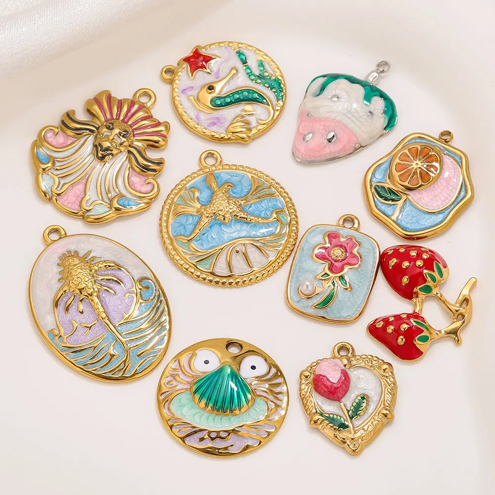 

5PCS Stainless Steel Charms Floral Fruit Gold-Plated Enamel Pendants DIY Necklace Bracelet Earring Keychain Jewelry Accessories