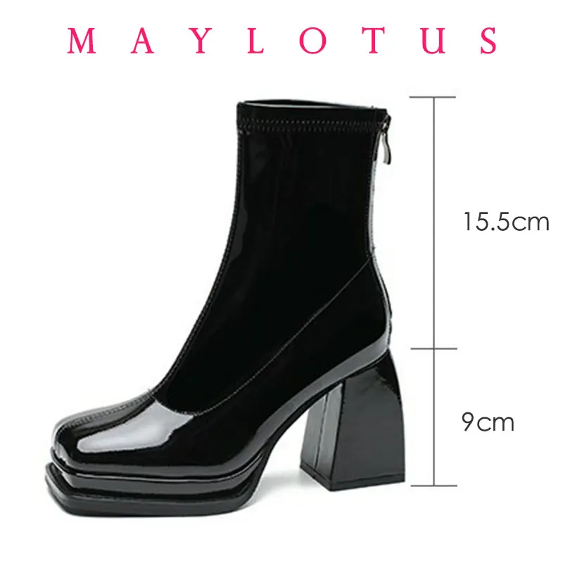 

Square Toe Ankle Boots Patent Leather Chunky 9cm Heels Solid Elastic Boots Newest Fashion Sexy Cool All Match Women Shoes