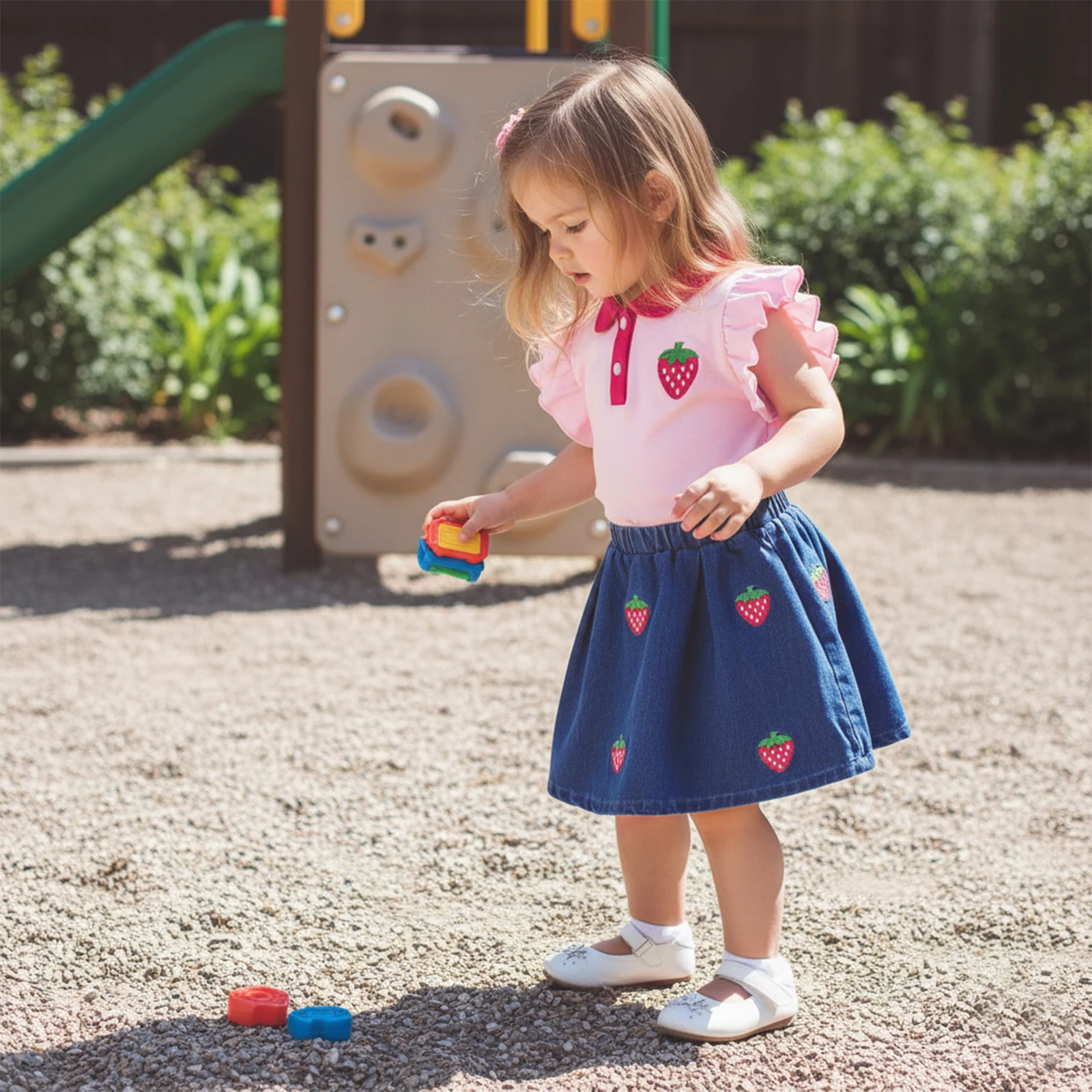 

Летняя одежда для девочек, детская модная одежда с клубничной вышивкой, топы с развевающимися рукавами и мини-джинсовая юбка, комплект из 2 предметов