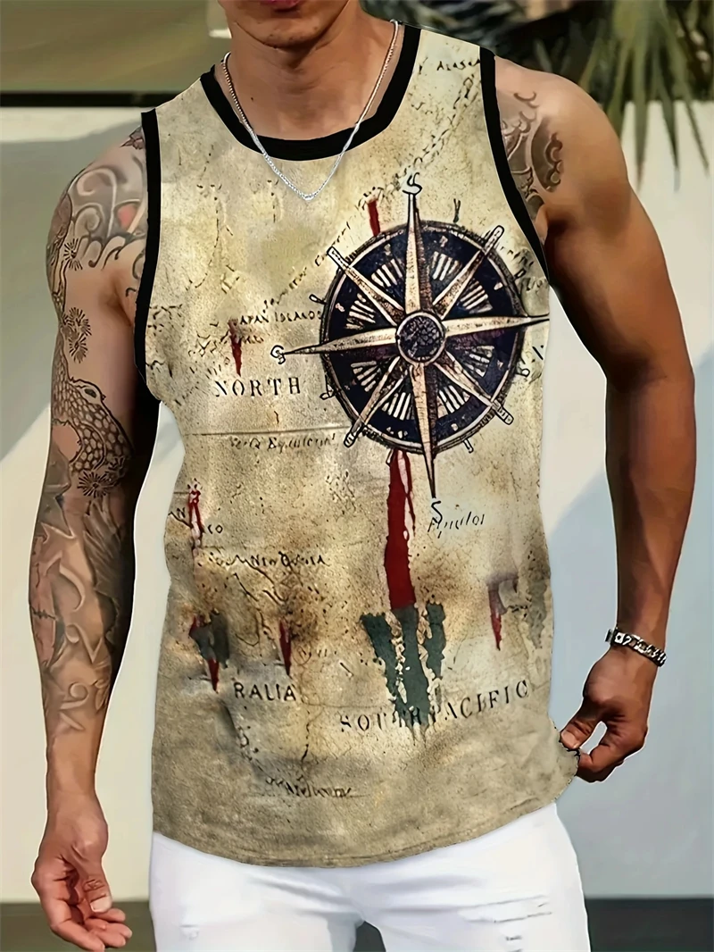 Hot Sales Summer Men's Sleeveless Vests 3D Printed Compass Graphic Outdoor Wear Man Clothing Sports Fitness Oversized Tank Top