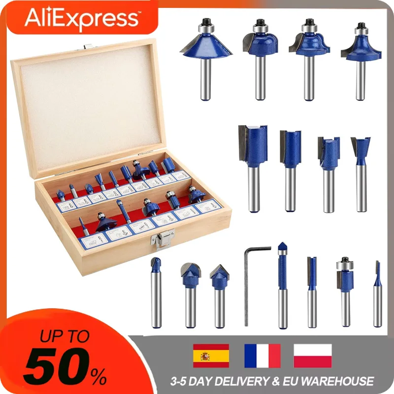 15 Pcs/Set Router Bit Set 1/4\'\' / 8mm Shank Carbide Woodworking Milling Cutters For Wood Cutter Trimming Engraving Cutting Tools