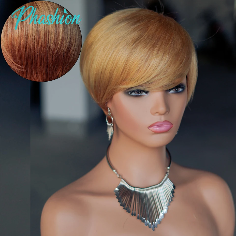 

Phashion Colored 27/30 Pixie Cut Human Hair Wigs With Bangs Short Straight Wig Brazilian Remy Cheap Machine Glueless For Women