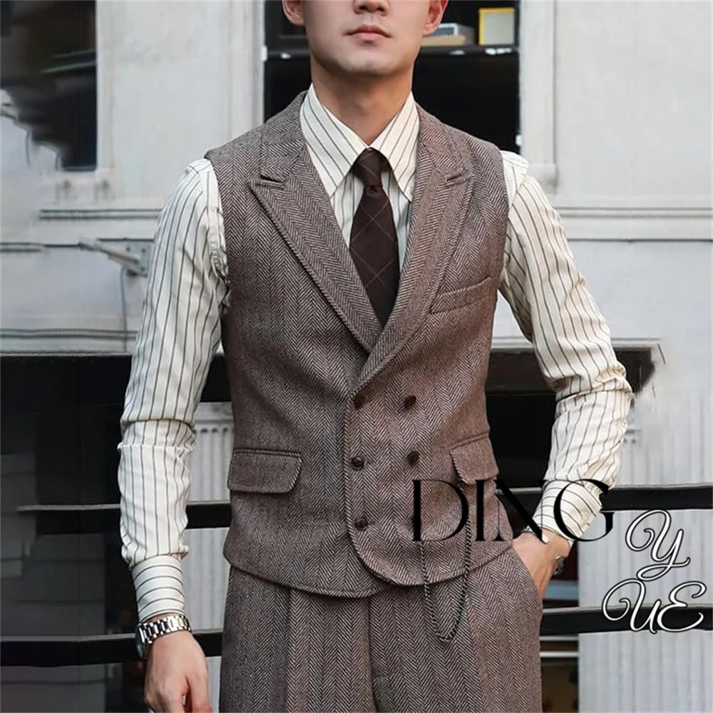 Men Vests Wool Herringbone Tweed Suit Vest Double Breasted Waistcoat