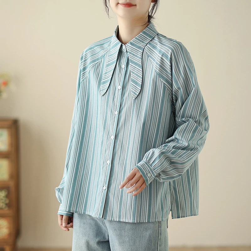 

Loose Women's Striped Shirt Spring New Arrival Big Size Casual Retro Artistic Color Block Cotton Long Sleeve Breathable