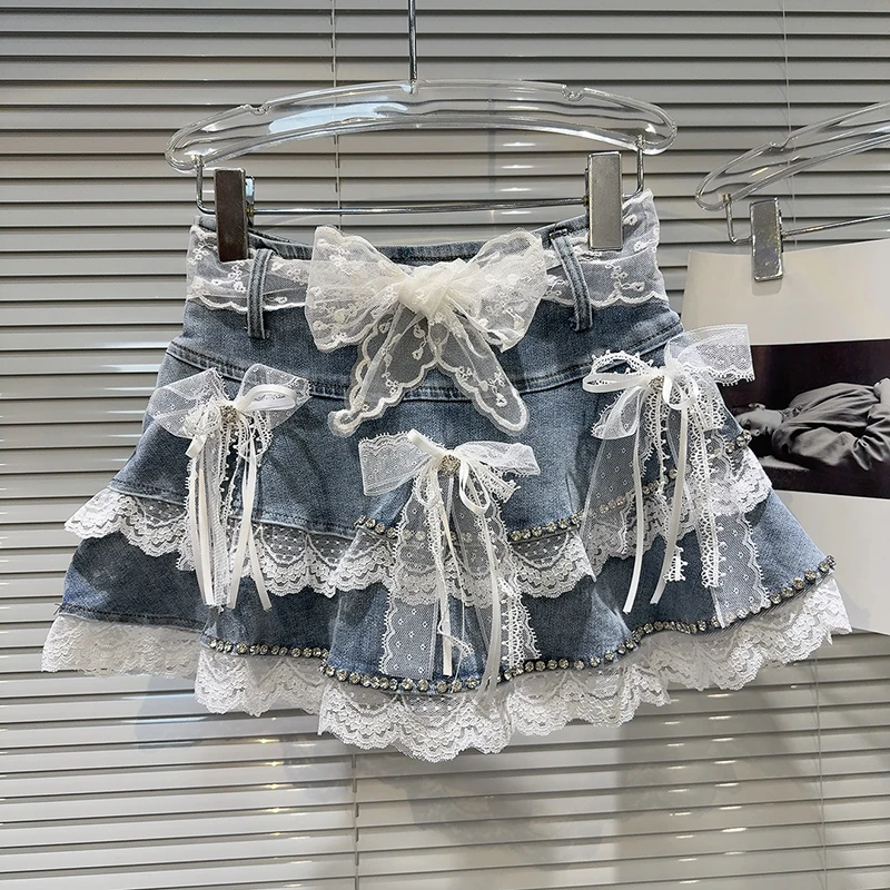 2025 Spring Summer New Arrival Mesh Bow Lace Ruffles Rhinestone Denim Sweet Cowboy Cake Skirt Short Skirt Half Skirt