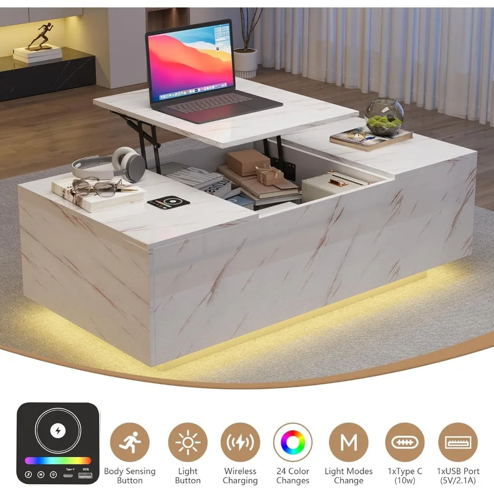 طاولة قهوة LED، طاولات قهوة قابلة للرفع مقاس 47.2 بوصة مع أدراج وتخزين كبير، طاولة غرفة معيشة ذكية مع شحن لاسلكي و