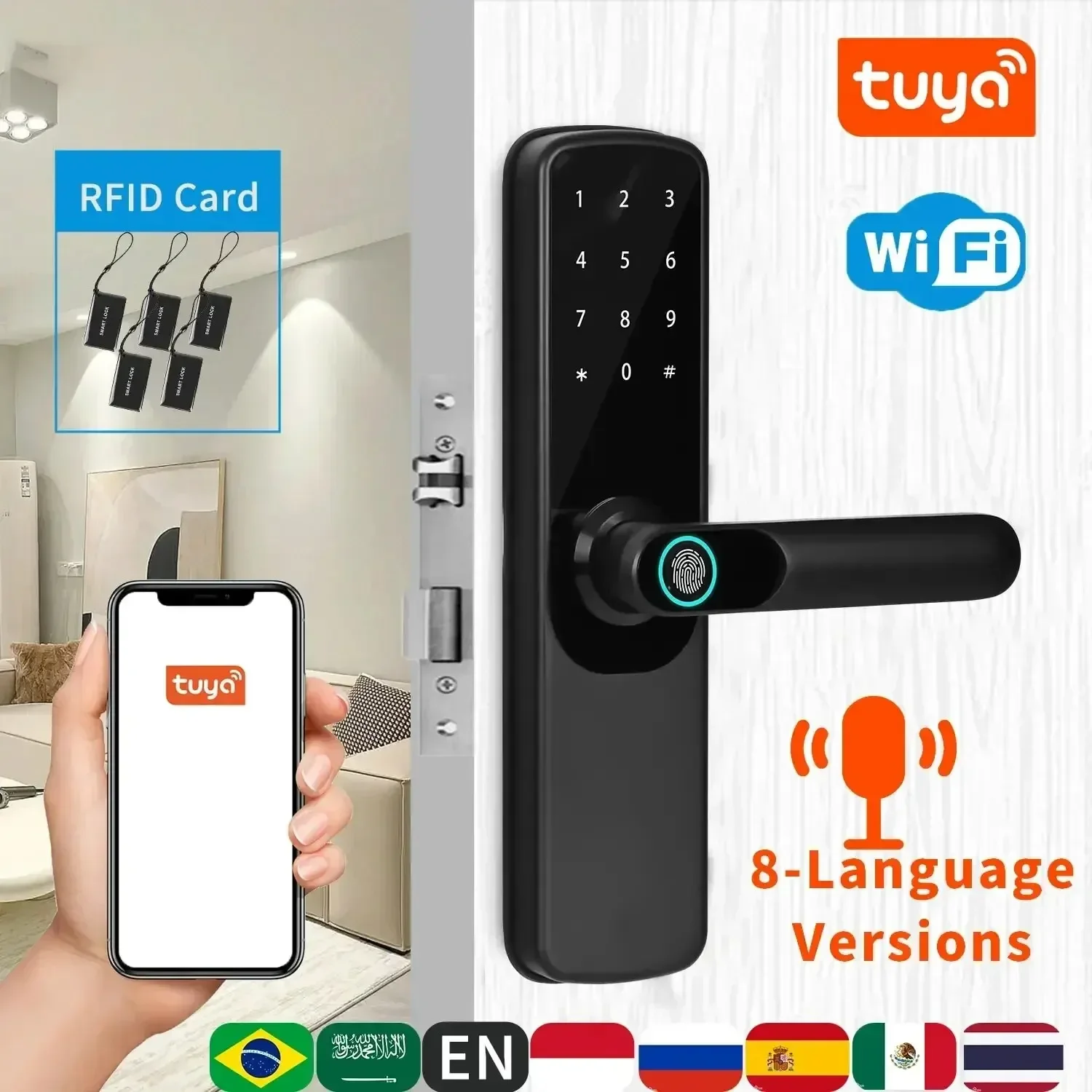 New Electronic Smart Door Lock Tuya Wifi With Biometric Fingerprint / Smart Card / Password / Key Unlock/ USB Emergency Charge