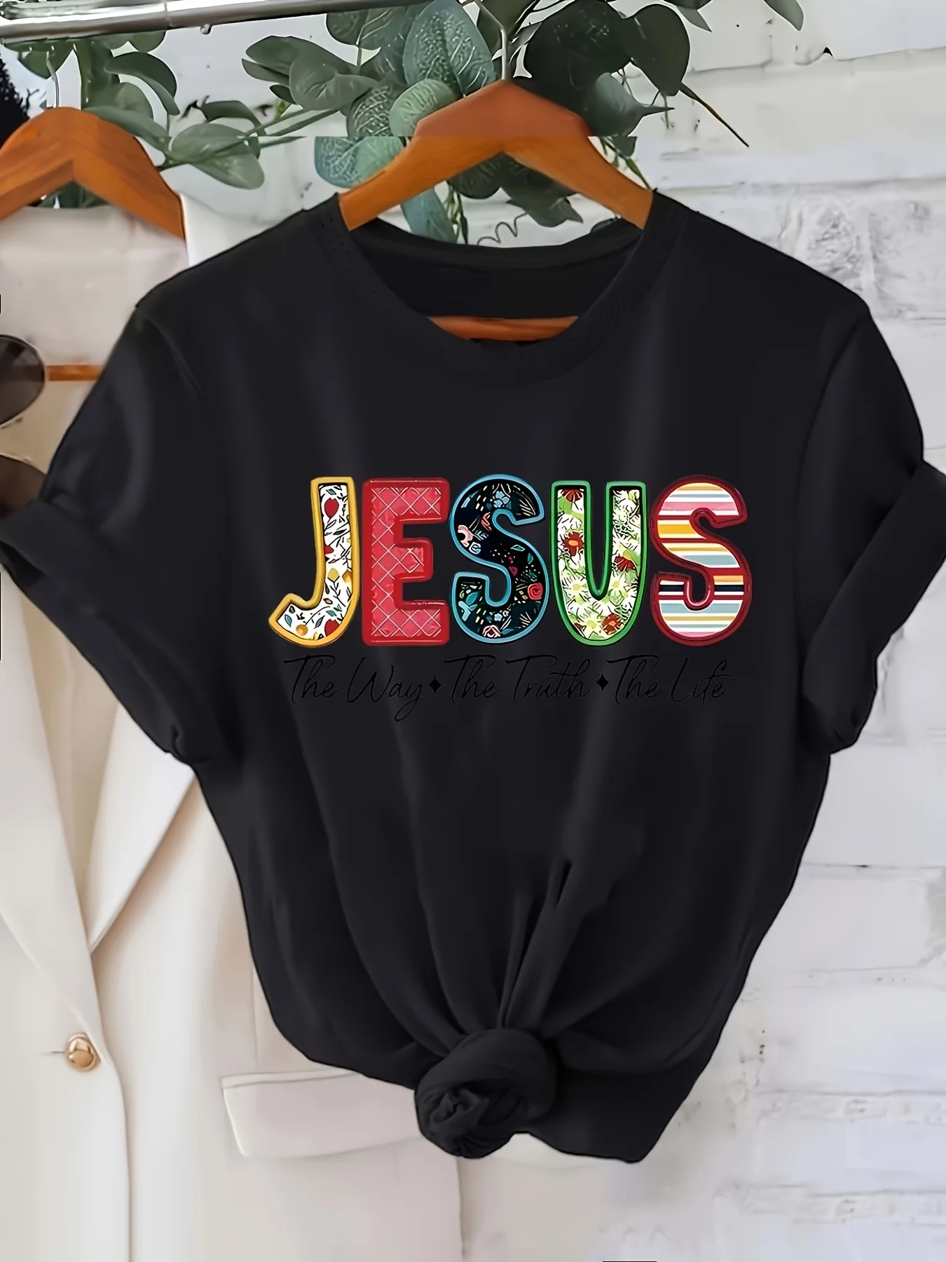 Ladies' Casual Round Neck T-shirt with Colorful Letter Print of "Jesus" and "Road Truth, Life" Design Printed on Soft Fabric view 6
