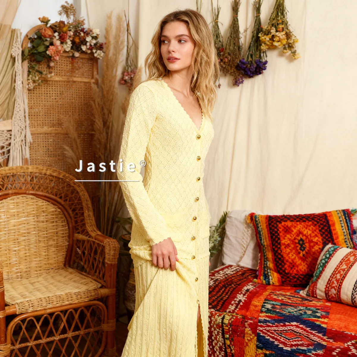 

French Solid Knit Dress Long Sleeve V-Neck Button-Front Textured Knitted Midi Dress Slit & Pockets For Women Vestidos 2026 Fall