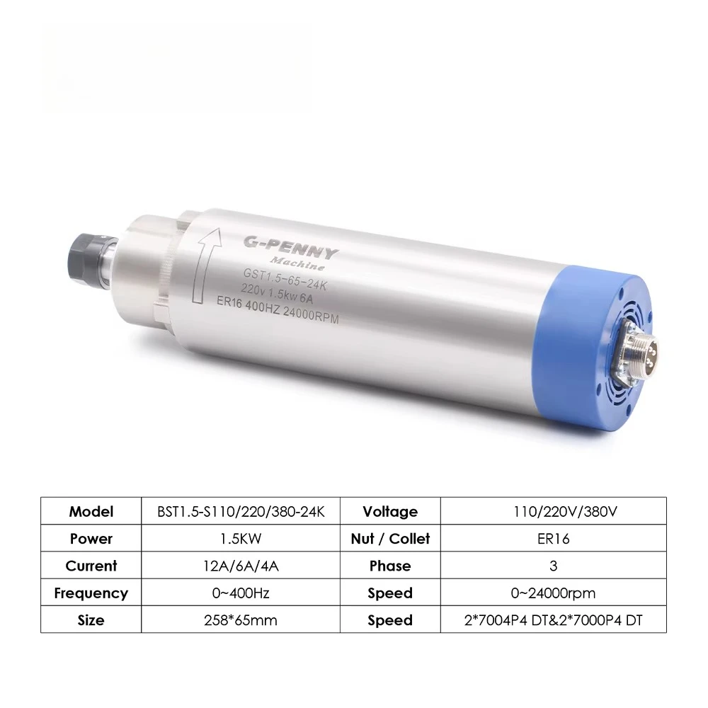 Customization 1.5kw ER16 D=65mm 400Hz Air Cooled Spindle 4pcs Bearings 24000rpm Wood Working Spindle Motor