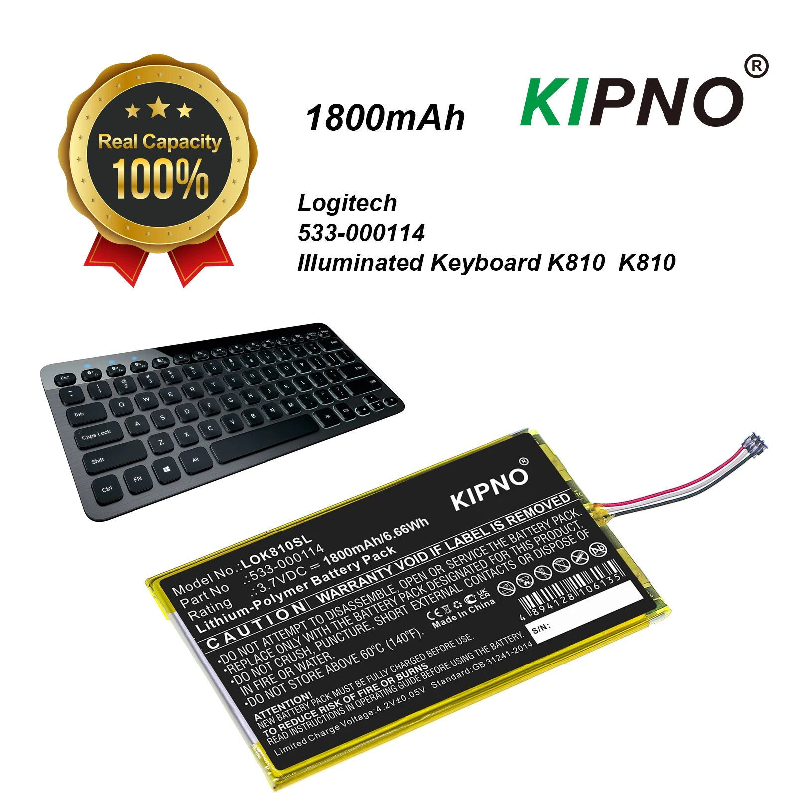 

Kipno 1800mAh Keyboard Battery 533-000114 for Logitech IIIuminated Keyboard K810, K810
