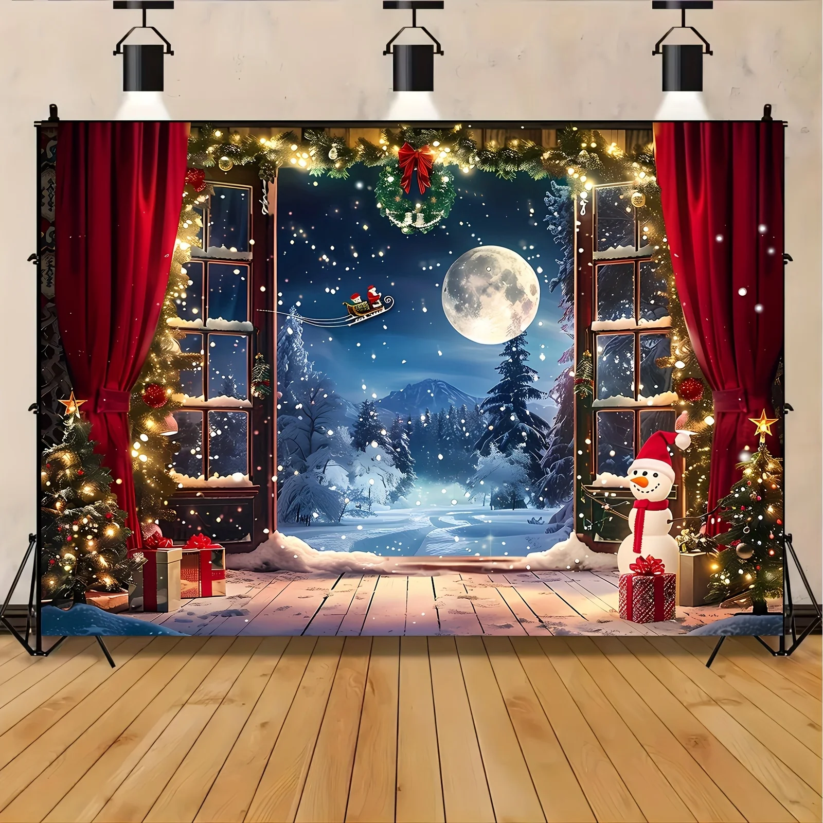 Christmas Winter Wonderland Background Cloth - Christmas Tree, Santa Claus, Snow and Moon Night Scene Photography Banner