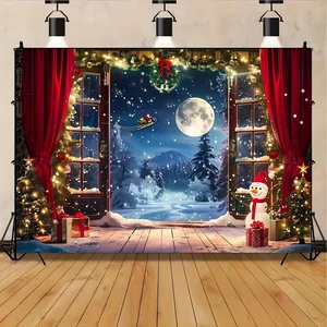 Noel sezonunun arka planı için bez, Noel ağacı, Noel Baba, kar ve ay, gece sahnesi, resimdeki bayrak 6 Büyük satış paneli-ay - №2