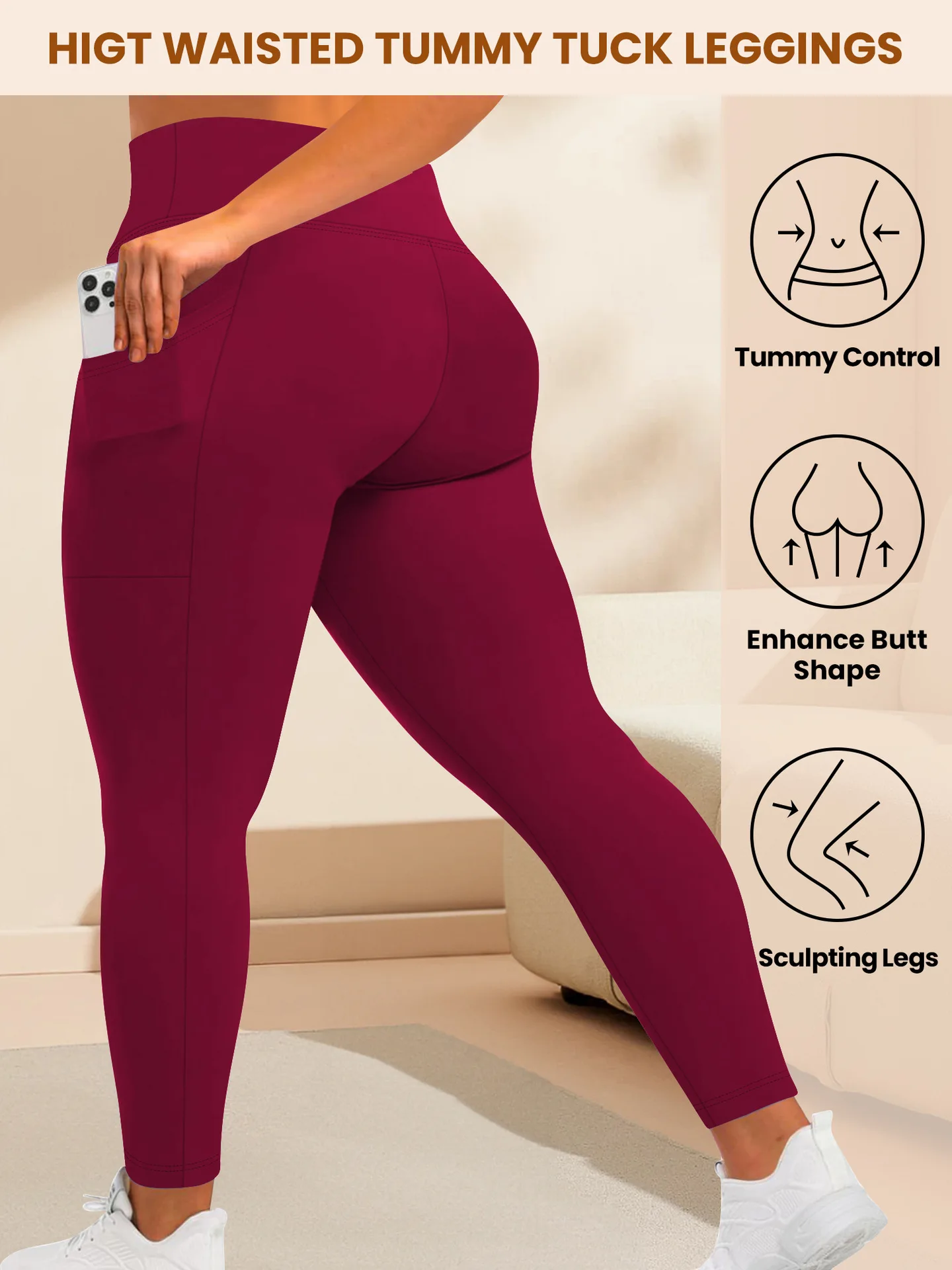Damen-Yogahose mit hoher Taille, Übergröße, Po-Lifting-Workout-Leggings mit Taschen, elastische Activewear für Fitnessstudio und Laufen – Detail 10