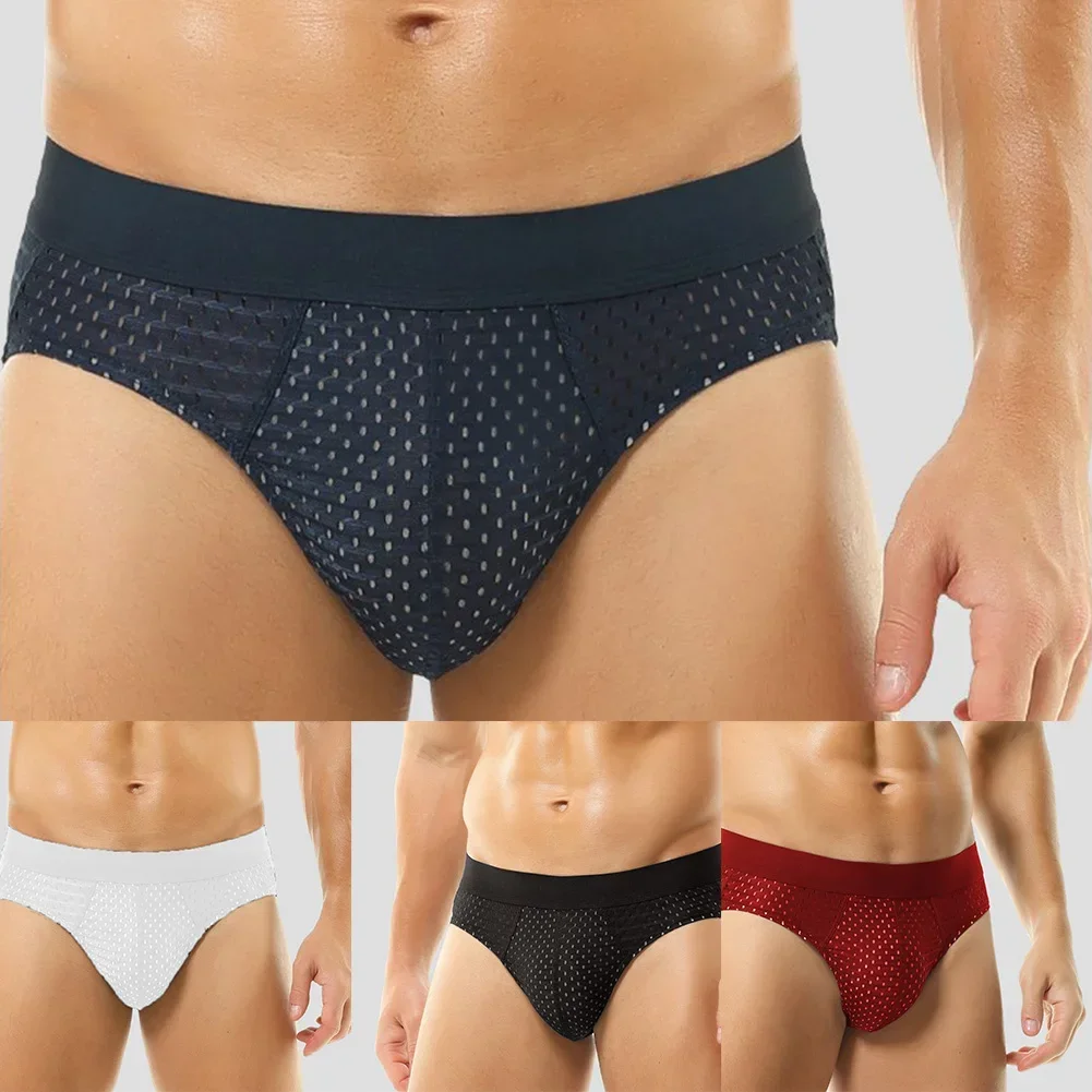 남성용 아이스 실크 하이 퀄리티 브리프, 로우 라이즈 섹시 로우 웨이스트 속옷, 통기성 언더팬츠 시스루 잠옷 잠옷