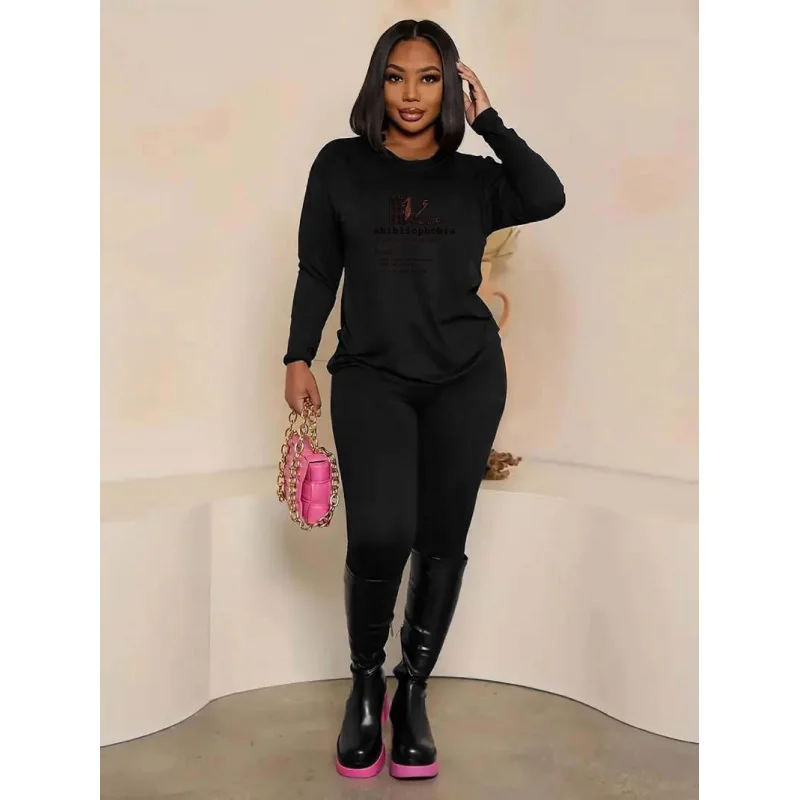 เสื้อยืดแขนยาวคอกลมพิมพ์ลายสร้างสรรค์สำหรับผู้หญิงและกางเกงชุดสองชิ้นสำหรับฤดูใบไม้ผลิ ฤดูใบไม้ร่วง และฤดูหนาว