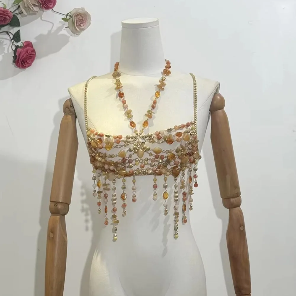 Acrylic Gemstone Neck Hanging Versatile Hollow Body Chain Sexy Colorful Bead Strapless Music Festival Bead Chest Decoration