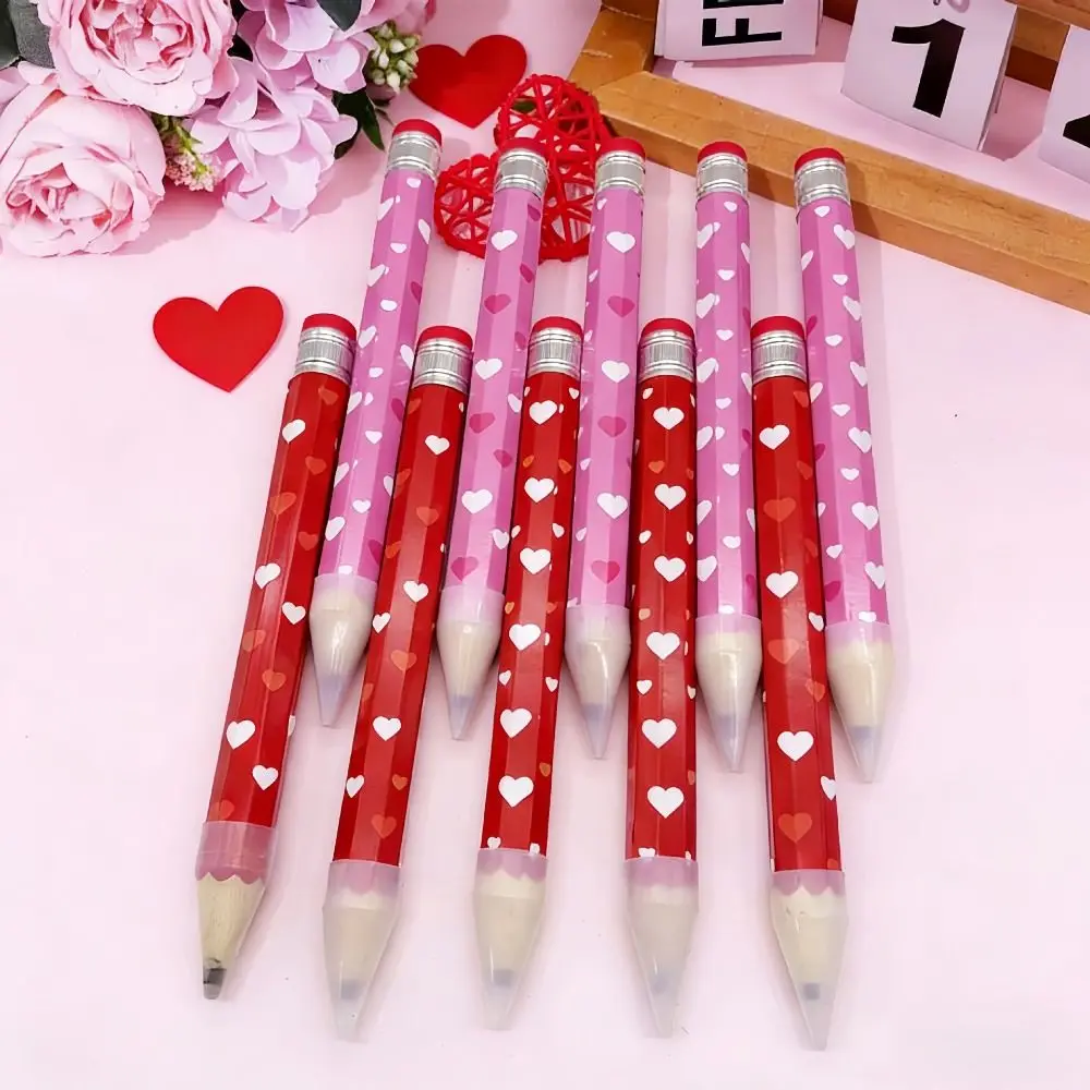 Trendy Wooden Big Pencil 34CM Heart Geometric Printed Stationery Pencil with Eraser Giant Pencil Valentine's Day Gift