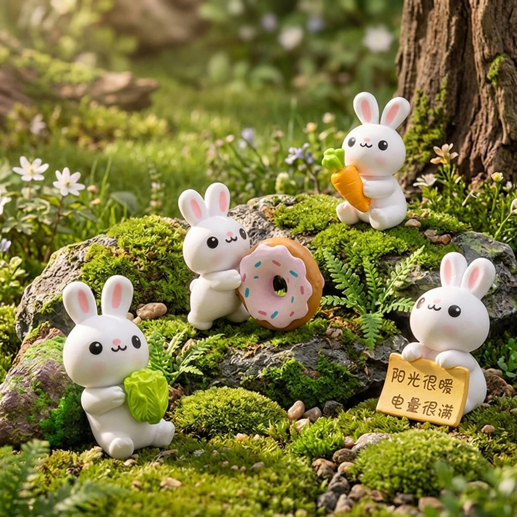 4Pcs Donut Themed Rabbits Figurines for DIY Garden Decoration Resin Hanging Ornaments