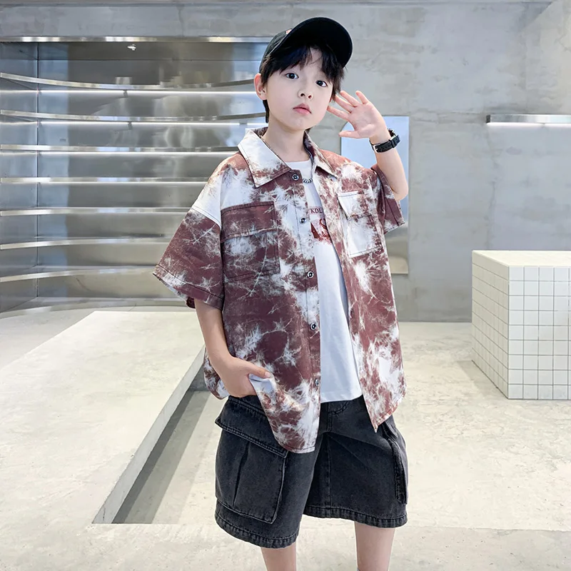 Kids Luxury Clothing Short Sleeve Tie Die Shirts for Teenage Boy High Quality Short Sleeve Blouse Child Loose Casual Outfits