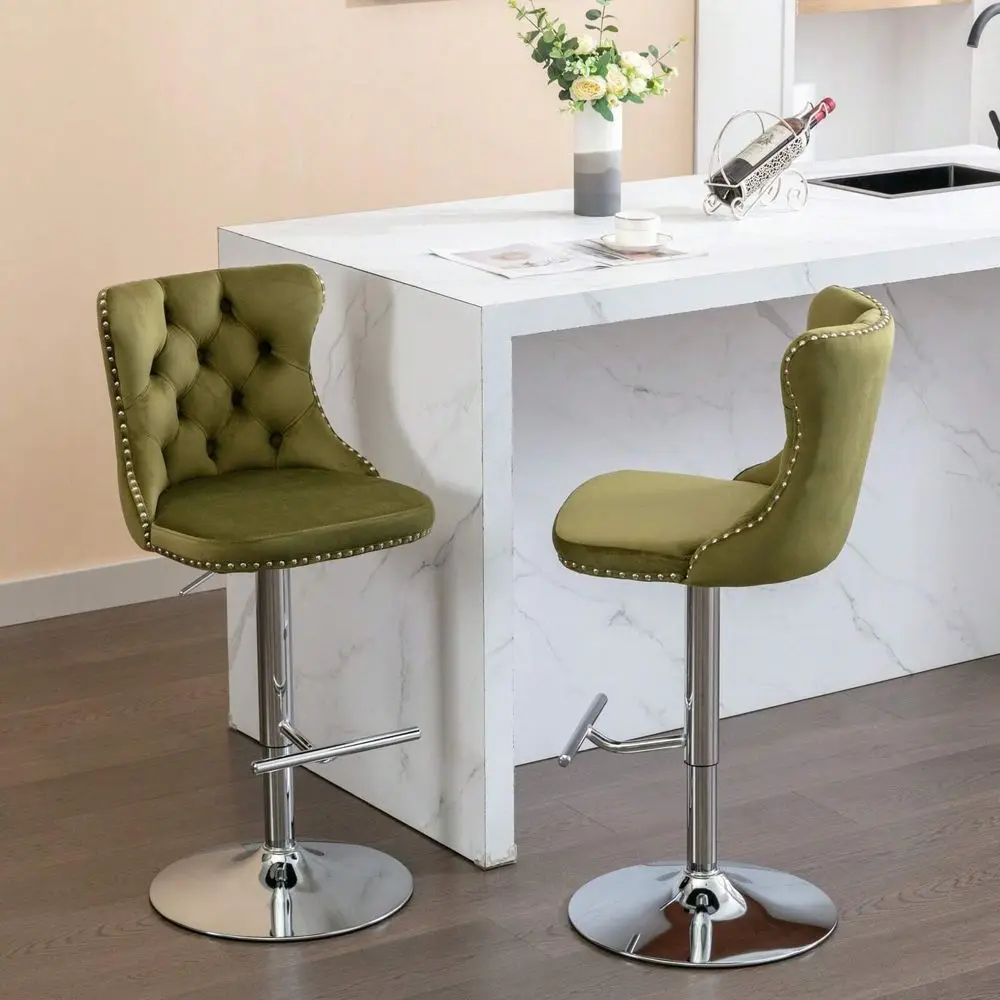Of 2 Velvet Comfortable Tufted Swivel Bar Stools Adjustable Counter Height Bar Stool From 2533 Inch With Silver Metal Base, Upho