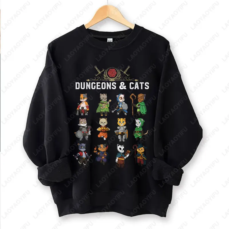 Dungeons and Cats Shirt DND Inspired Gift D&D Fans Tabletop D20 Dice RPG Dragons Gamers Crewneck Pullovers Winter Unisex Hoodie