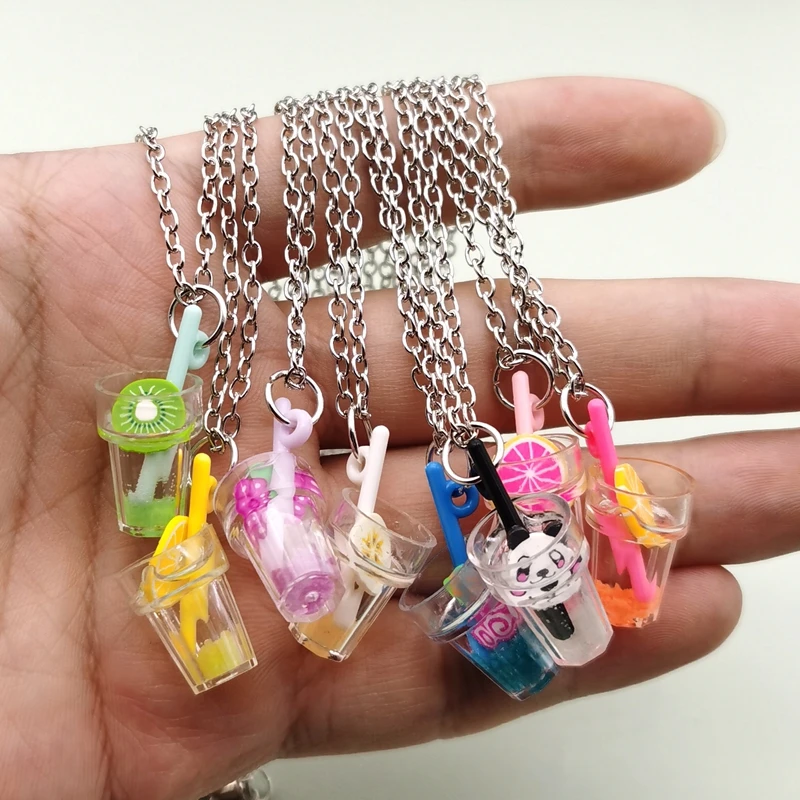 Cartoon Resin Fruit tea Pendant Necklace tea noctilucent Women Funny Beverage Simulation Drinks Student Choker Ins Style Jewelry
