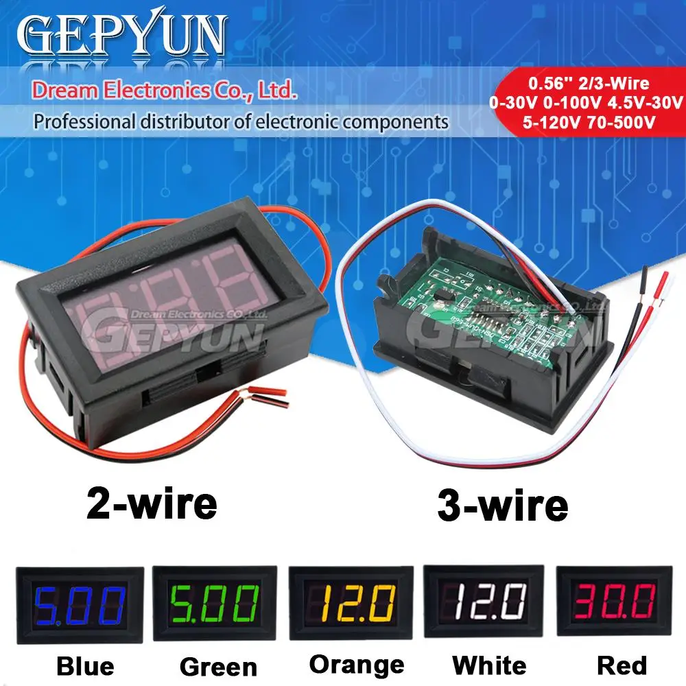 0.56 \'\'Mini Digital Voltmeter AC DC 2-Wire 3-Wire 0-30V 0-100V 4.5V-30V 5-120V 70-500V Voltage Panel Meter 6V 12V 24V 110V 220V