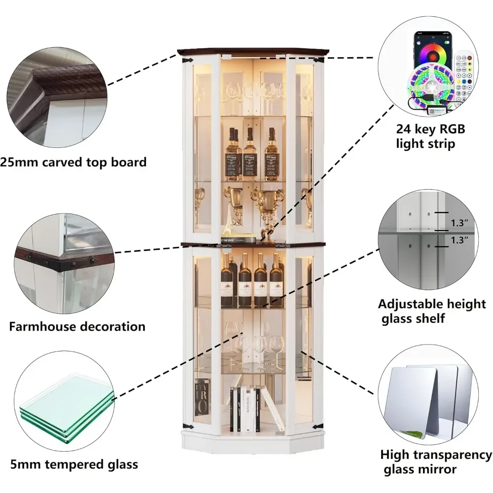 LEDライト付き農家ディスプレイキュリオキャビネット、フロアスタンドディスプレイケージ、コーナーワイン収納ラック、6つの棚、71インチ