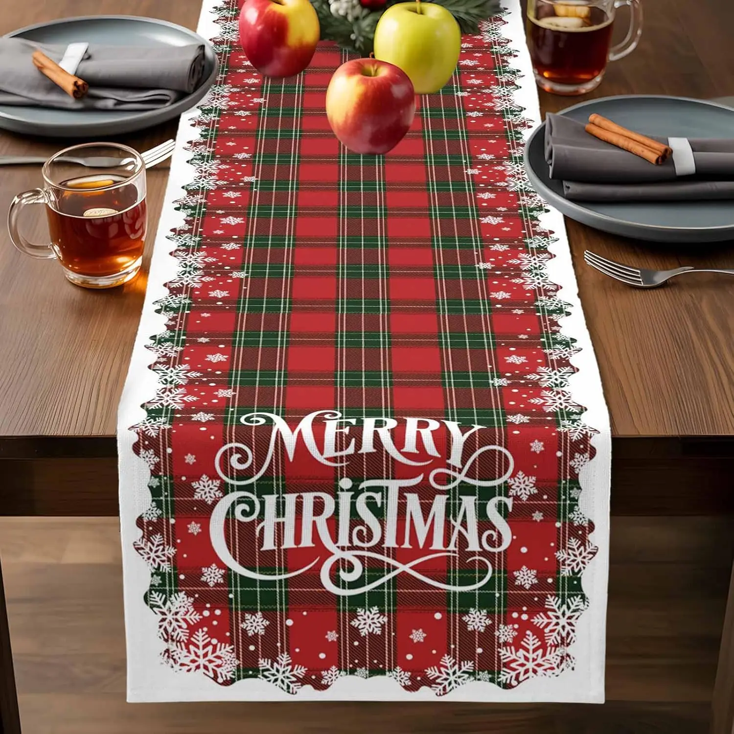 

Merry Christmas Snowflakes Red Green Plaid Linen Table Runner Party Home Decor Winter Dining Table Runners Christmas Decorations