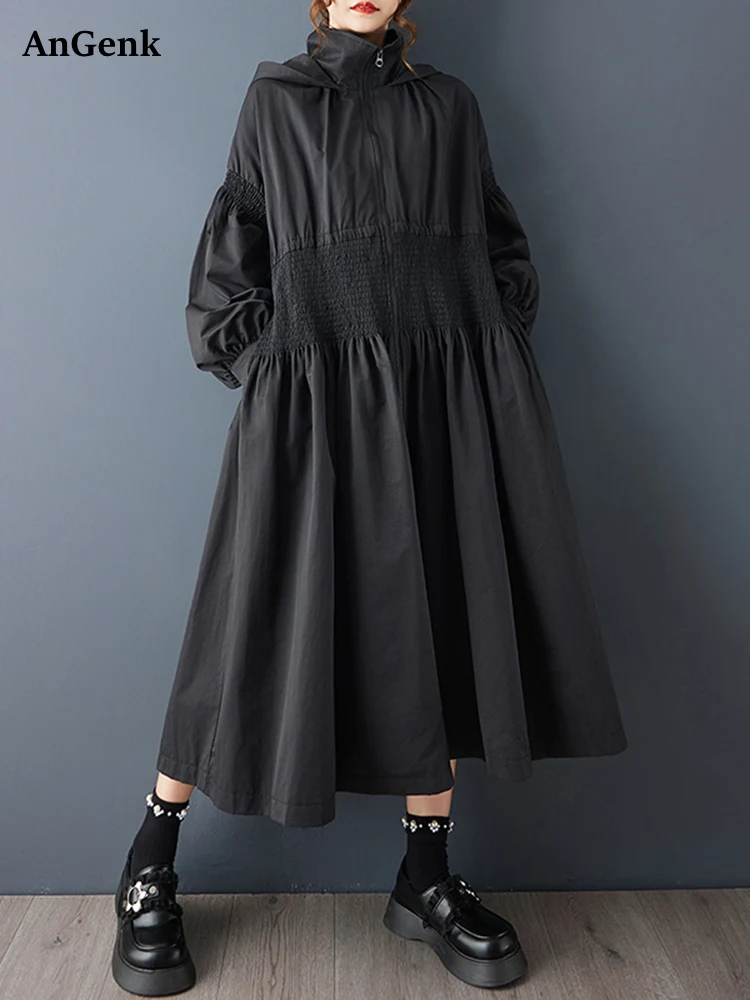 

Черный винтажный длинный плащ большого размера для женщин, новая повседневная свободная верхняя одежда с эластичной резинкой на талии, кардиган, весна-осень 2025