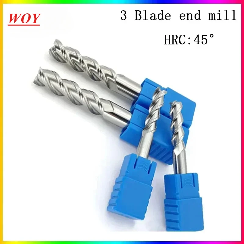 WOY HRC45 3flute end mill 50L 60L 75L 100L 150L 1.5mm 6mm 8mm 12mm 14mm~20mm CNC milling cutter metall cnc fixture milling