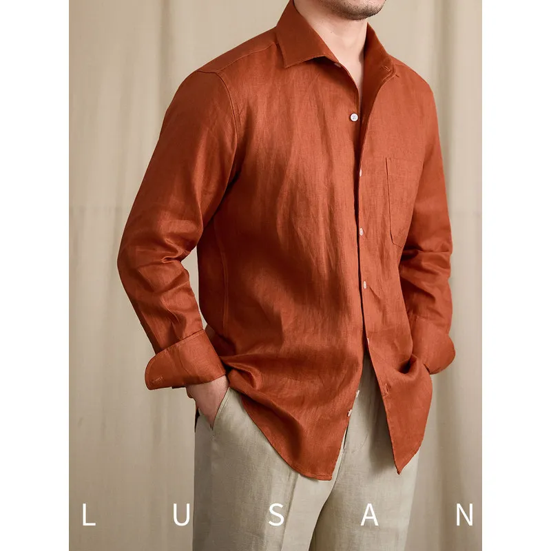 Summer breathable one-piece collar100%Linen long-sleeve shirt for commuting, casual, fashionable urban youth shirt