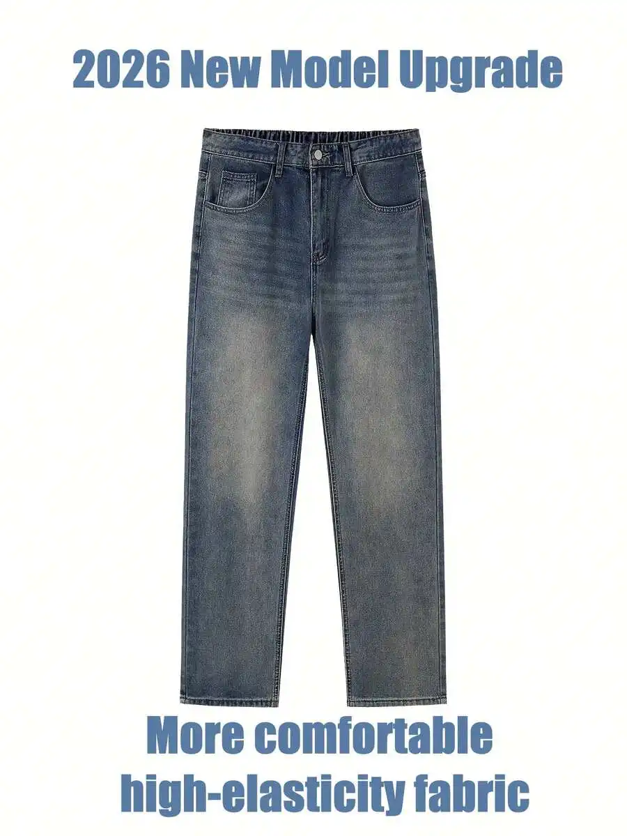 

Mens Loose Fit Straight Leg Denim Jeans High Elasticity Vintage Wash