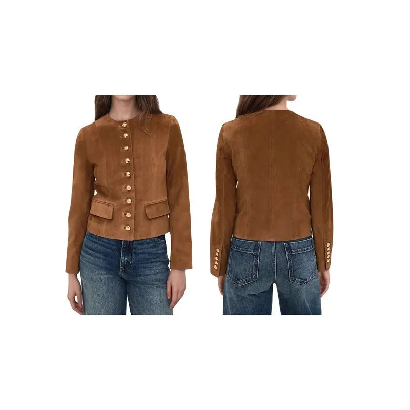 TEXU Jacket For Women Collarless Long Sleeve Trendy Outerwear Button Down Casual Cropped Jackets Brown S