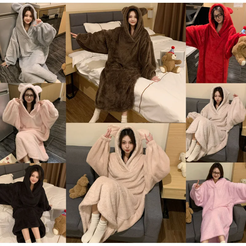 

Women's Homewear Thickened Fleece Coral Sleep Robe Winter Hat Hooded Pajamas Plus Size Sweet Comfortable Home Clothes Nightgown