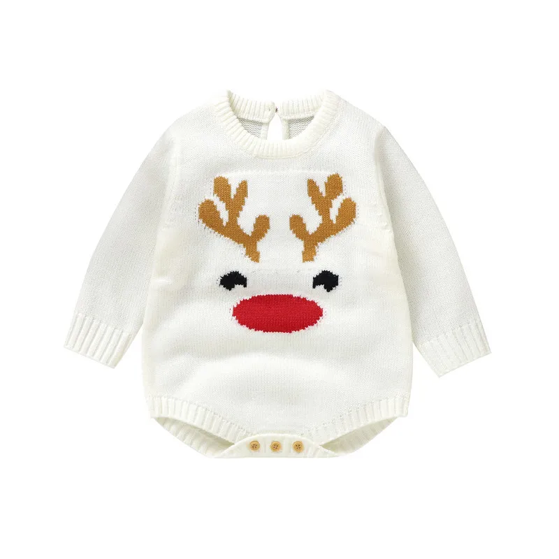 0 to 18 Months Christmas Baby Girl Boy Knit Bodysuit Long Sleeve Crew Neck Deer Print Knit Jumpsuit Newborn Baby Clothing