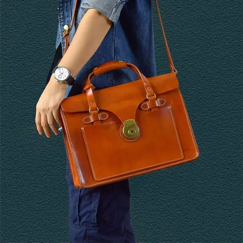 

Business vintage high quality first layer cowhide handmade men's briefcase office work genuine leather large laptop handbag