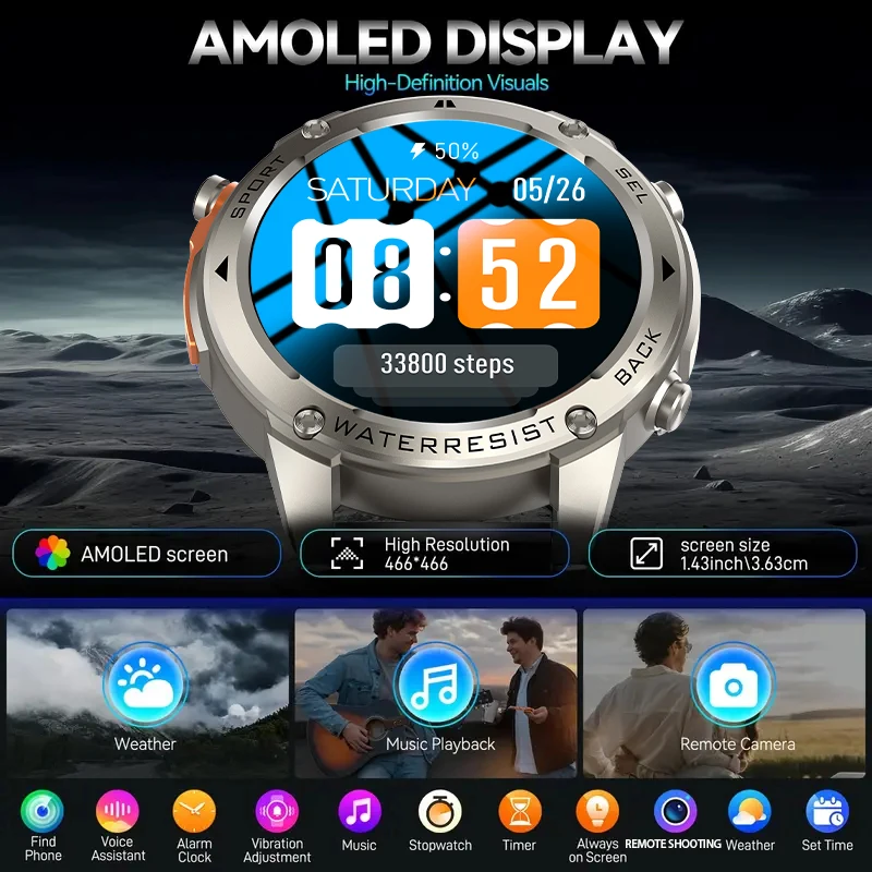 다오르코우 GPS 스마트워치 1.43인치 AMOLED 화면 음성 통화 야외 스포츠 시계 남성용 5ATM 방수 500mAh 배터리 헬스 스마트워치