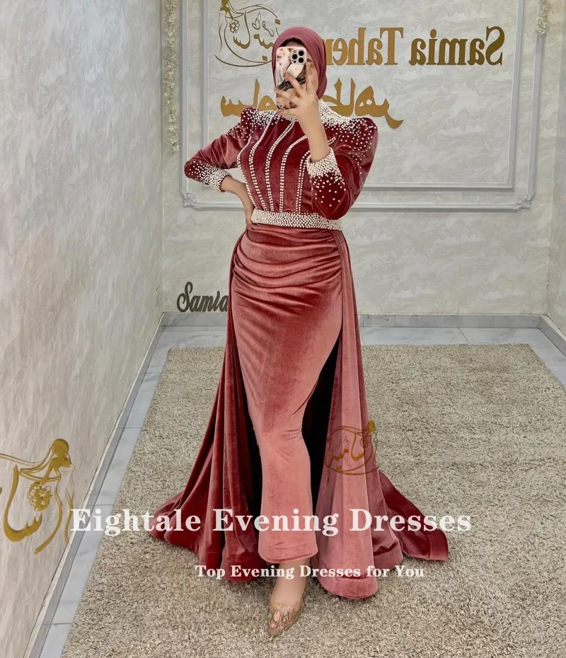 Eightale Long Luxury Evening Dresses Muslim High Neck Beaded with Pearls Mermaid Arabic Prom Gown Wedding Party Dress Velvet