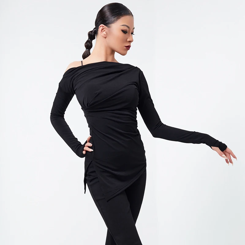 2024 Latin Dance Practice Clothes Oblique Shoulder Long Sleeved Shirts Chacha Rumba Tango Adult Latin Performance Tops DQS16293