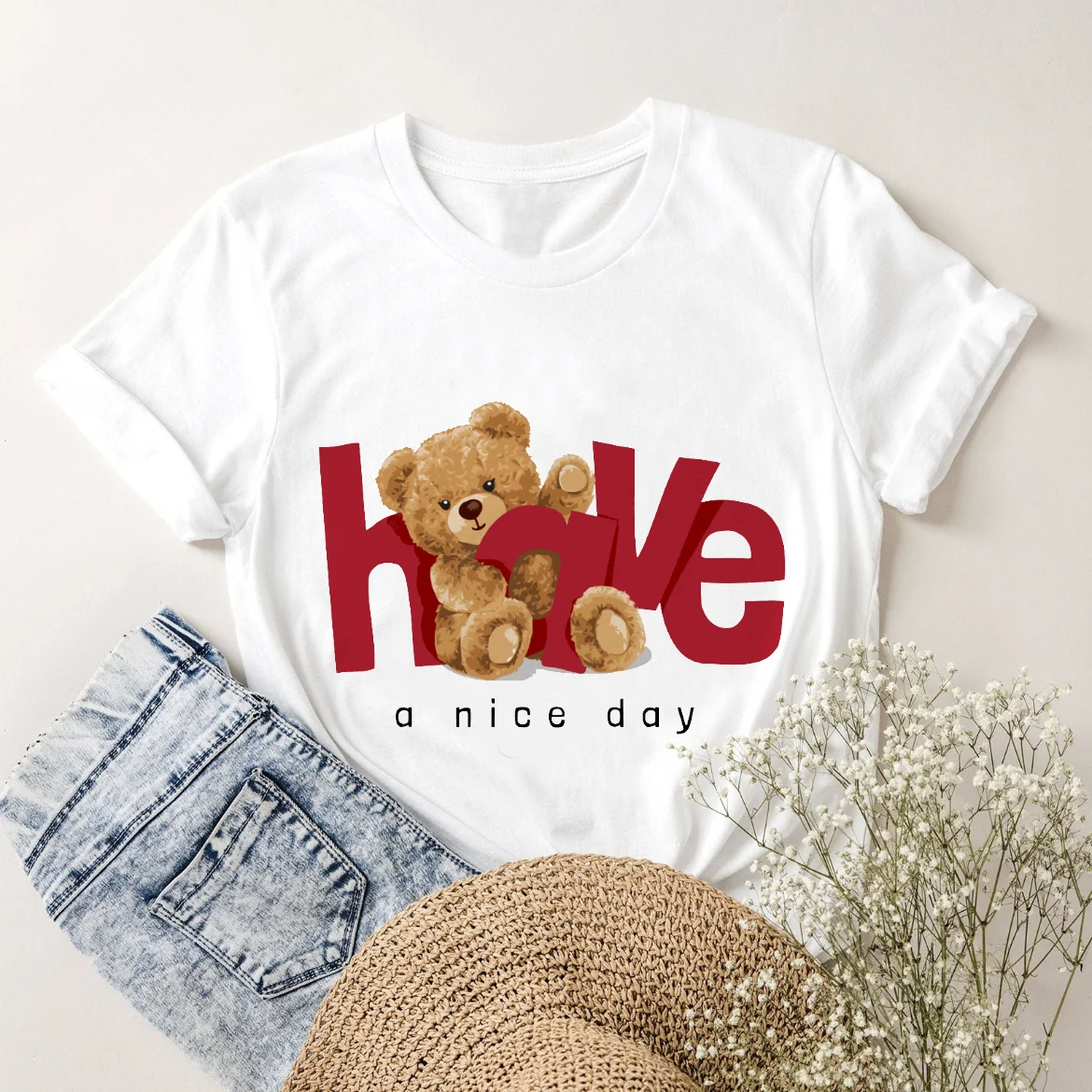 

Harajuku Cute T-Shirt Clothing Women's Fashion Women's Casual Clothing Women's Little Bear Pattern Short Sleeve Printed T-Shirt
