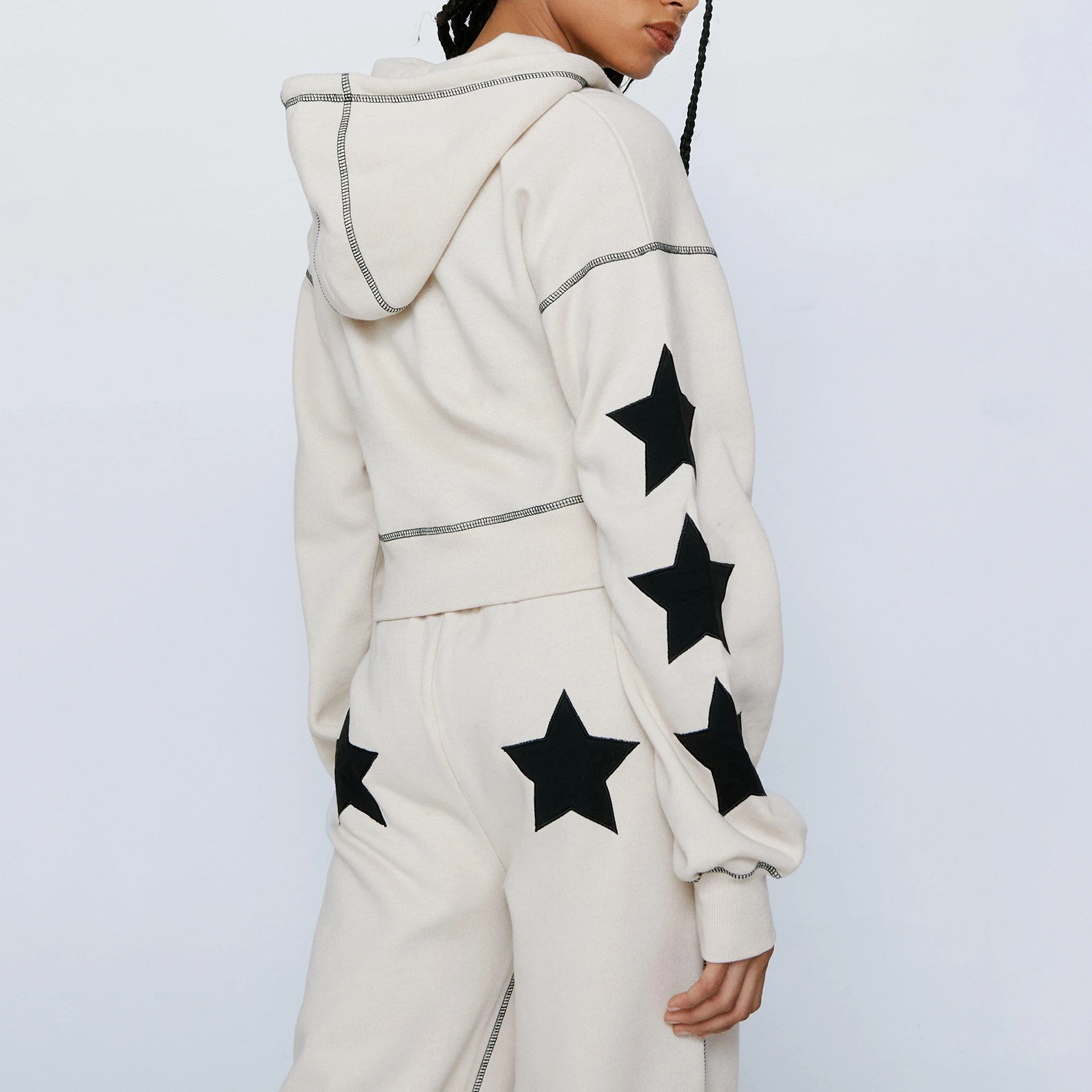 Women's Star Zip Up Cropped Hoodie 2000s Clothes Fall Joggers Comfy Cropped Hoodie Drawstring Contrast Stitching Sweatshirts