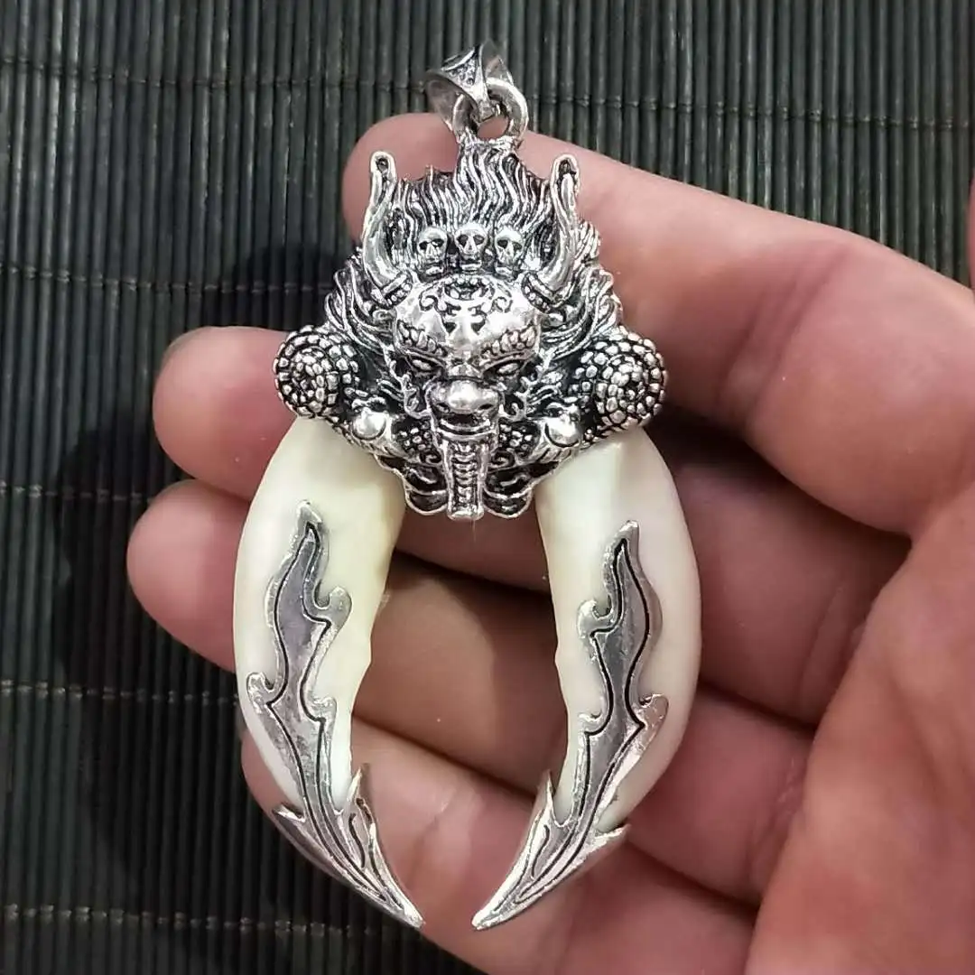 

Chinese Archaize Hog Boars Tooth Wild Silver Dragon protective talisman Pendant
