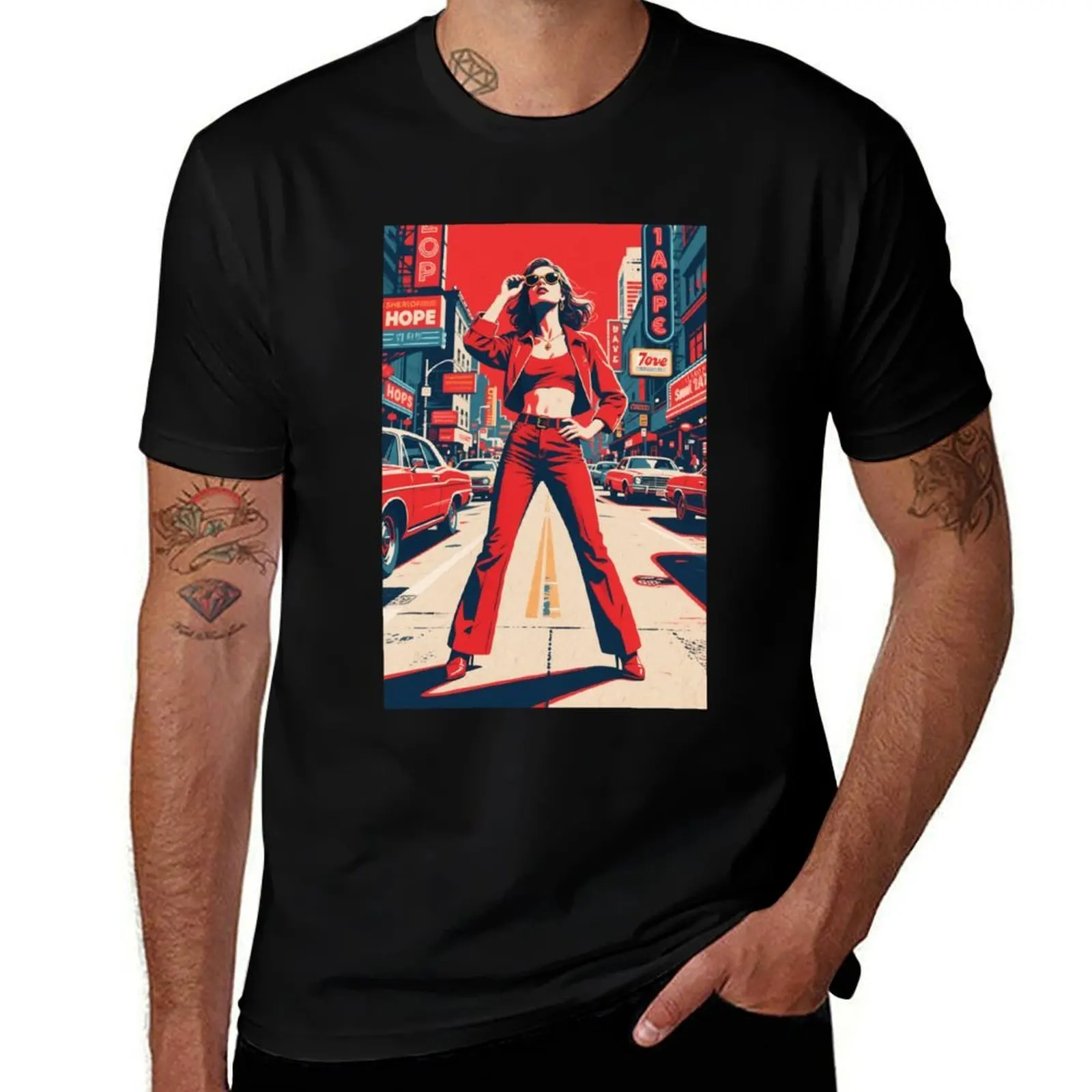 

Retro Vibes – Confident Woman in Vintage NewYork T-Shirt for a boy cotton man t-shirts Funny t-shirt Men's t shirts